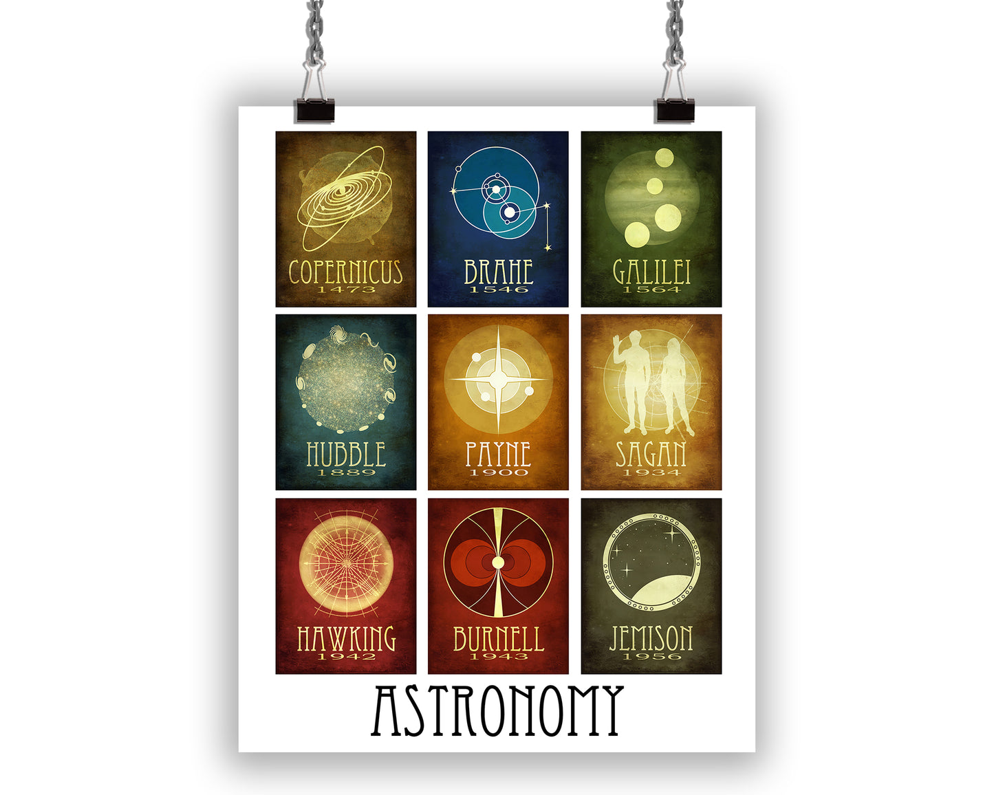 Astronomy mosaic art print for science teacher or classroom decor. Features artwork for Copernicus, Brahe, Galileo, Hubble, Payne, Sagan, Hawking, Burnell, and Jemison