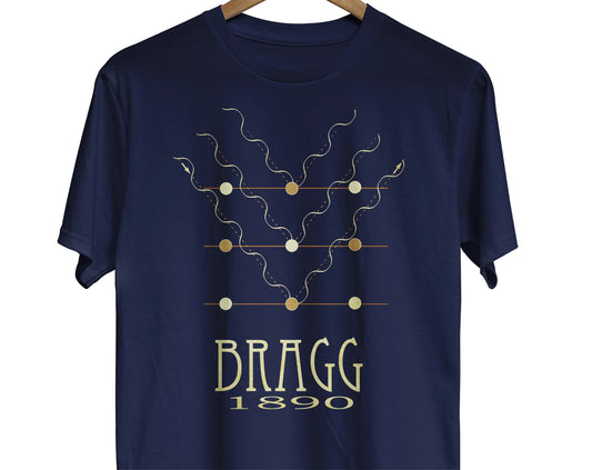 A science t-shirt featuring a minimalist design representing Bragg's Law for x-ray crystallography. Below is the name Bragg and below that his birth year of 1890.