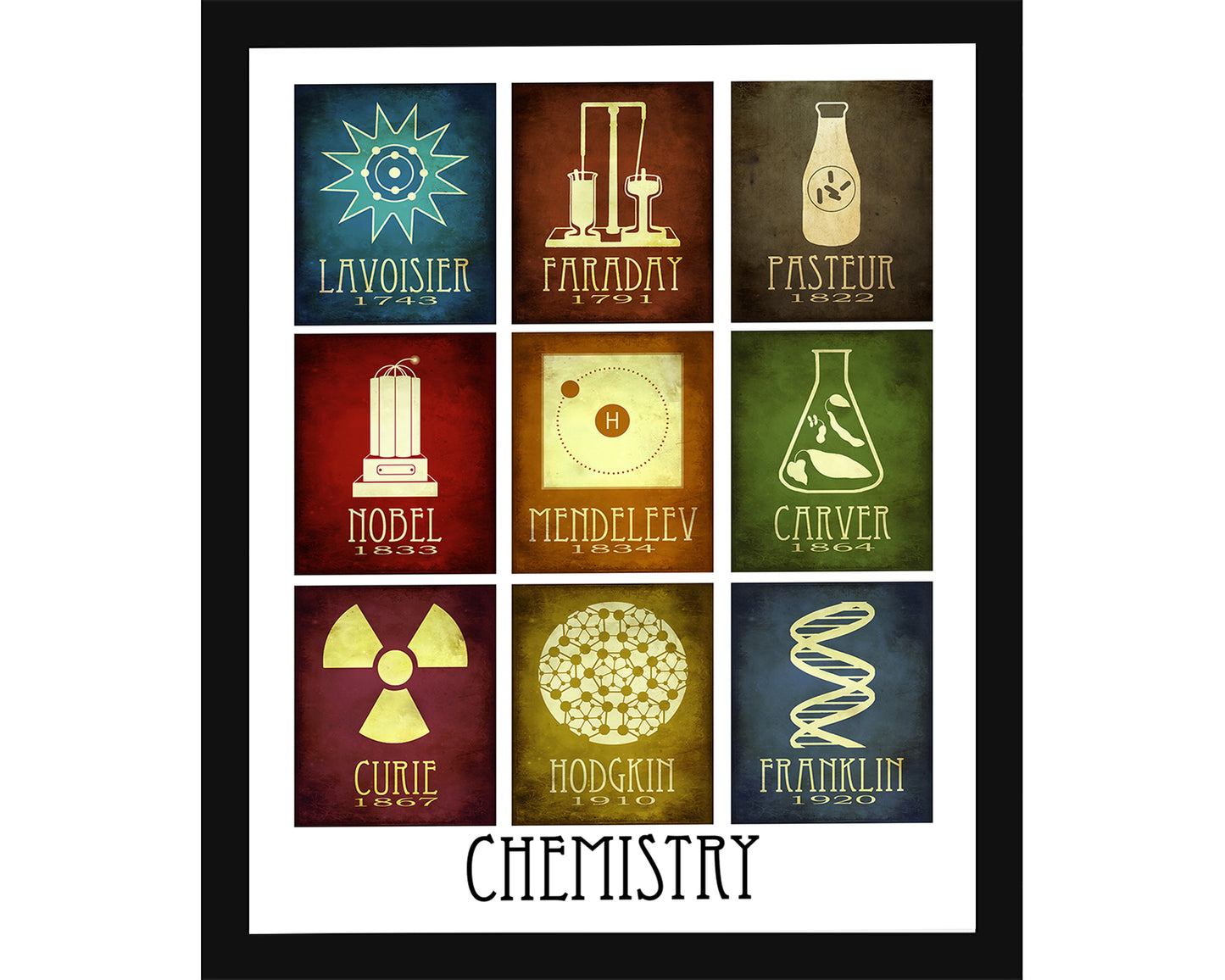 Chemistry art print with minimalist science designs paying tribute to Lavoisier, Michael Faraday, Louis Pasteur, Alfred Nobel, Dmitri Mendeleev, George Washington Carver, Marie Curie, Dorothy Hodgkin, and Rosalind Franklin
