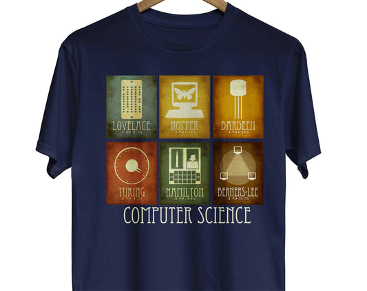 Computer science t-shirt for programmers and engineers. Features colorful graphics for 6 scientists in history