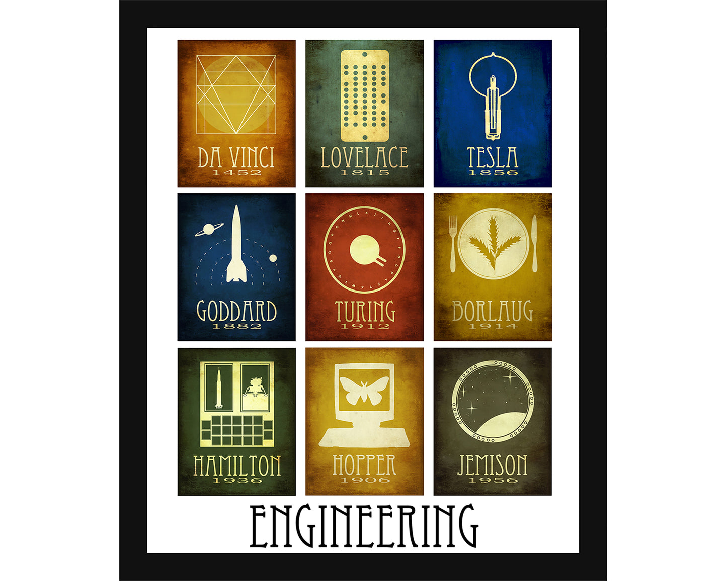 Engineering Art Print, Nine Engineers in History