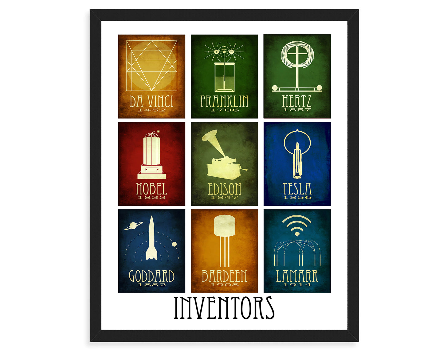 A mosaic art print celebrating 9 inventors in history. Leonardo da Vinci, Benjamin Franklin, Heinrich Hertz, Alfred Nobel, Thomas Edison, Nikola Tesla, Robert Goddard, John Bardeen, and Hedy Lamarr