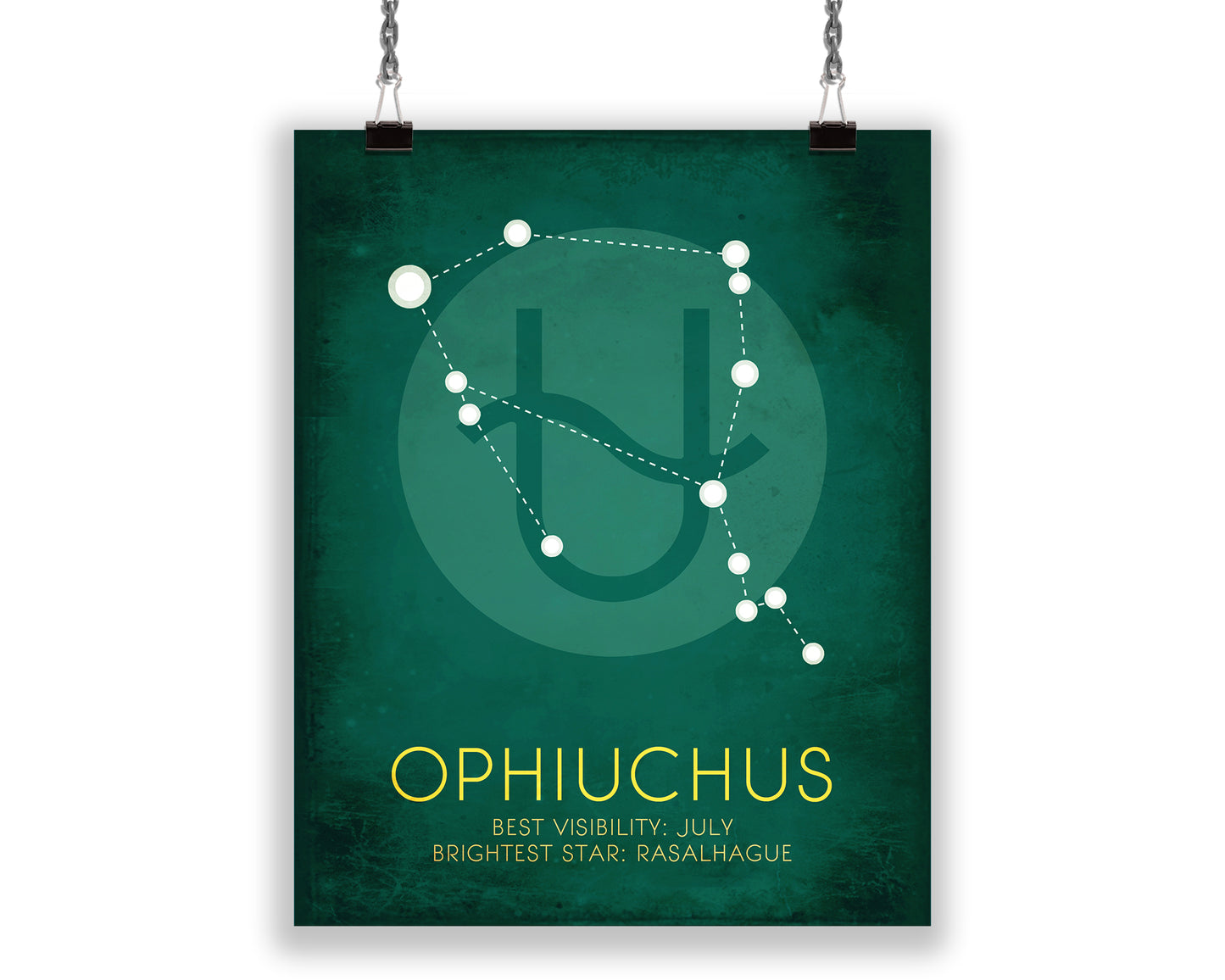 The vibrant teal green minimalist artwork showcases the Ophiuchus star constellation, provides information on the best month for visibility, and the brightest star.