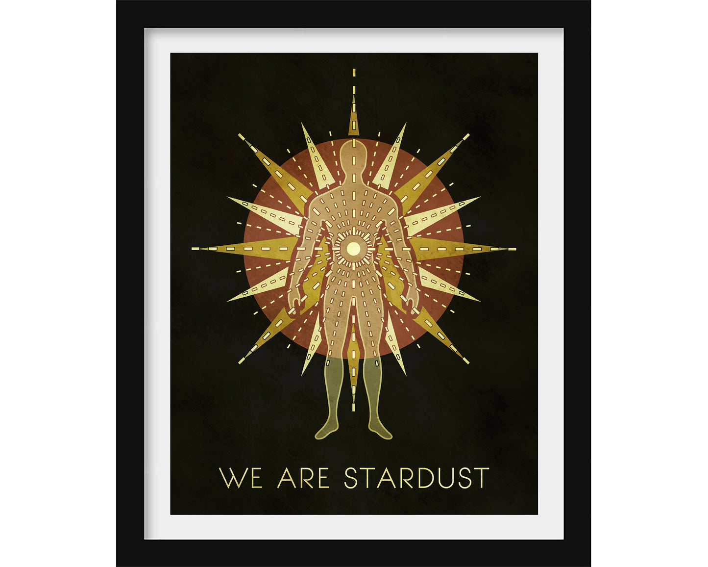 Artwork with a minimalist illustration of a human figure surrounded by starburst patterns and 'WE ARE STARDUST' text on a black background.