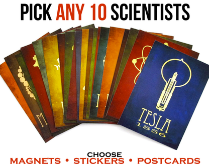 Pack of 10 scientist designs as stickers, magnets or postcards, perfect for science lovers.