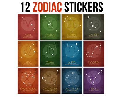 A set of 12 Zodiac constellation stickers. Designs include Aries, Taurus, Gemini, Cancer, Leo, Virgo, Libra, Scorpio, Sagittarius, Capricorn, Aquarius, and Pisces.