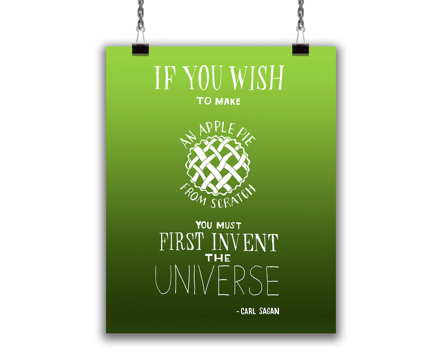 Art print with hand-lettered white text and illustration of a pie on gradient green background: The quote reads"If you want to make an apple pie from scratch, you must first invent the universe. - Carl Sagan"