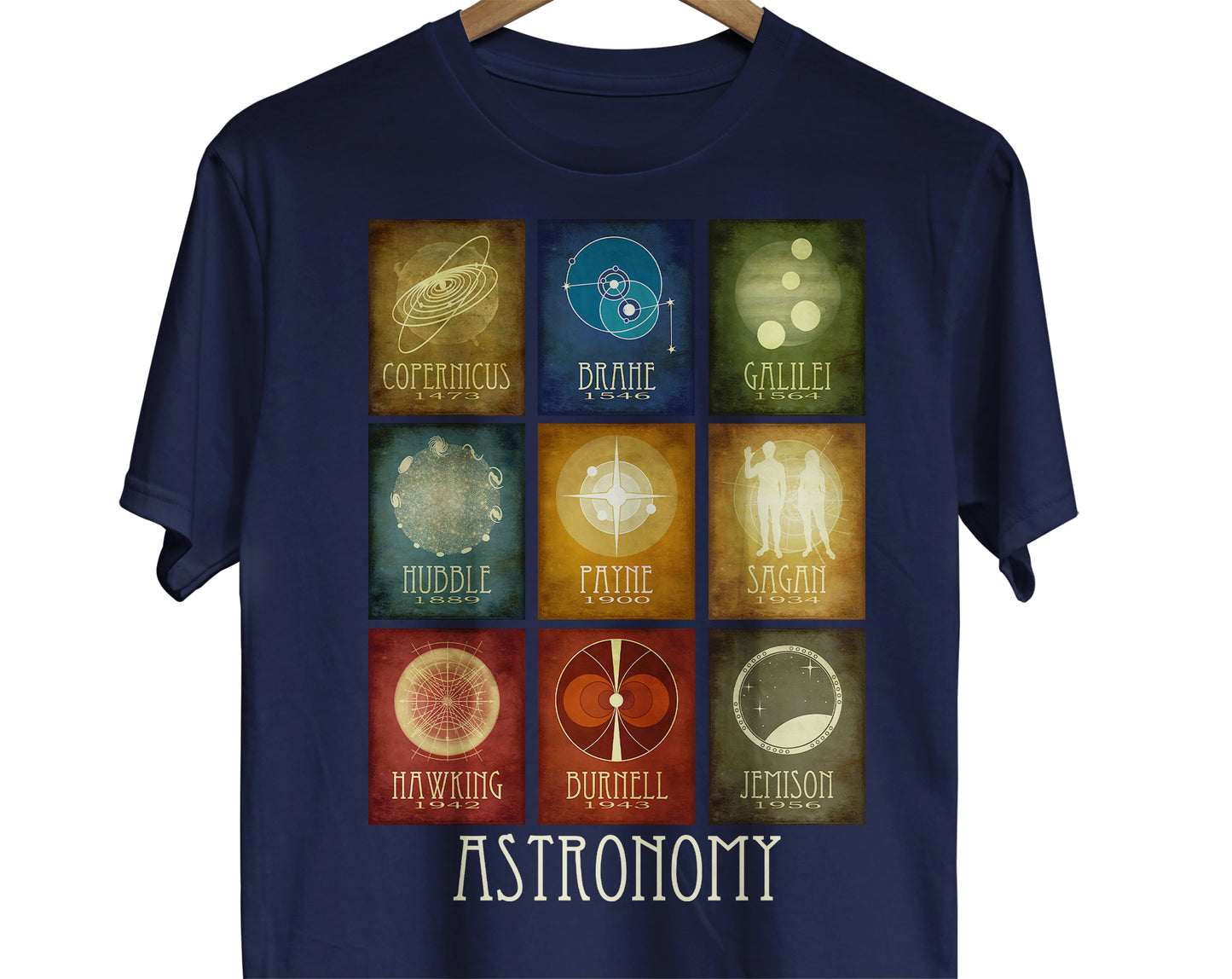 Astronomy t-shirt with graphics paying tribute to Nicolaus Copernicus, Tycho Brahe, Galileo, Edwin Hubble, Cecelia Payne, Carl Sagan, Stephen Hawking, Jocelyn Bell Burnless, and Mae Jemison