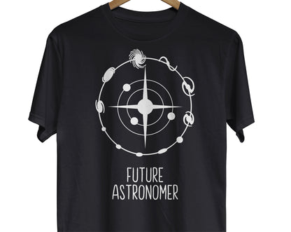 this inspirational space themed graphic tee features an image of stars and galaxy classification symbols, and underneath is the text "Future Astronomer"