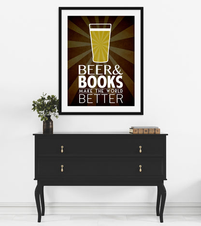 Beer and Books Art Print, Brewery and Library Decor
