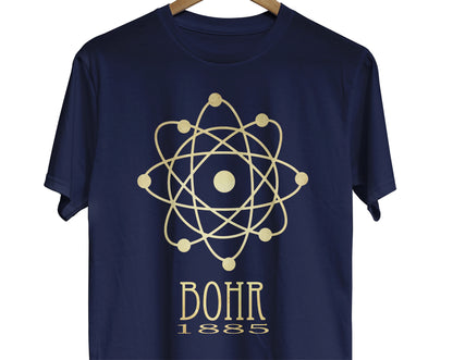 Niels Bohr physics tshirt with atomic structure design. Shirt for science teachers and physics students.