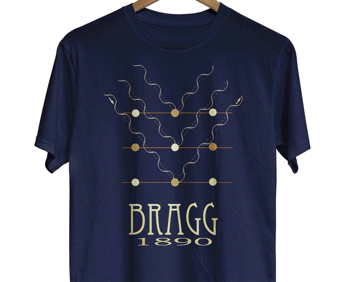 A science t-shirt featuring a minimalist design representing Bragg's Law for x-ray crystallography. Below is the name Bragg and below that his birth year of 1890.