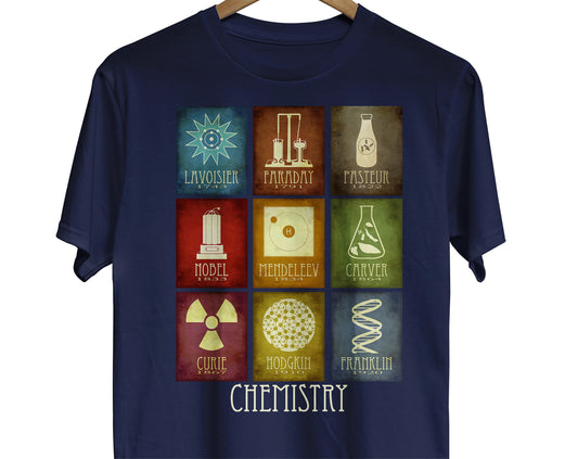 Chemistry t-shirt with a mosaic of 9 graphics about difference chemists in history