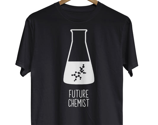A science t-shirt featuring an image of a chemistry beaker and a molecular structure silhouette, and underneath is the text "Future Chemist"