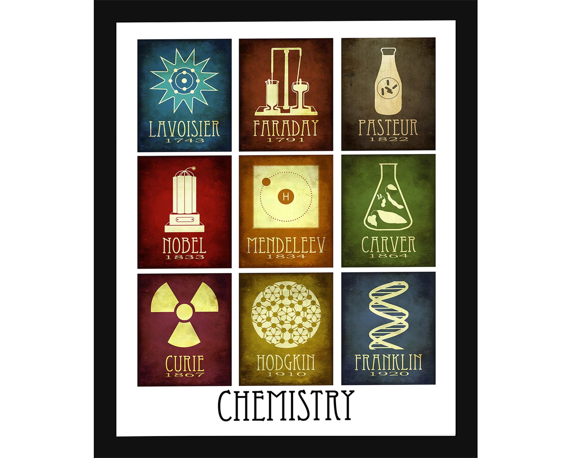 Chemistry art print with minimalist science designs paying tribute to Lavoisier, Michael Faraday, Louis Pasteur, Alfred Nobel, Dmitri Mendeleev, George Washington Carver, Marie Curie, Dorothy Hodgkin, and Rosalind Franklin