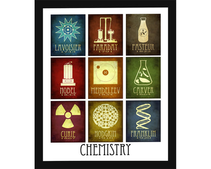 Chemistry art print with minimalist science designs paying tribute to Lavoisier, Michael Faraday, Louis Pasteur, Alfred Nobel, Dmitri Mendeleev, George Washington Carver, Marie Curie, Dorothy Hodgkin, and Rosalind Franklin