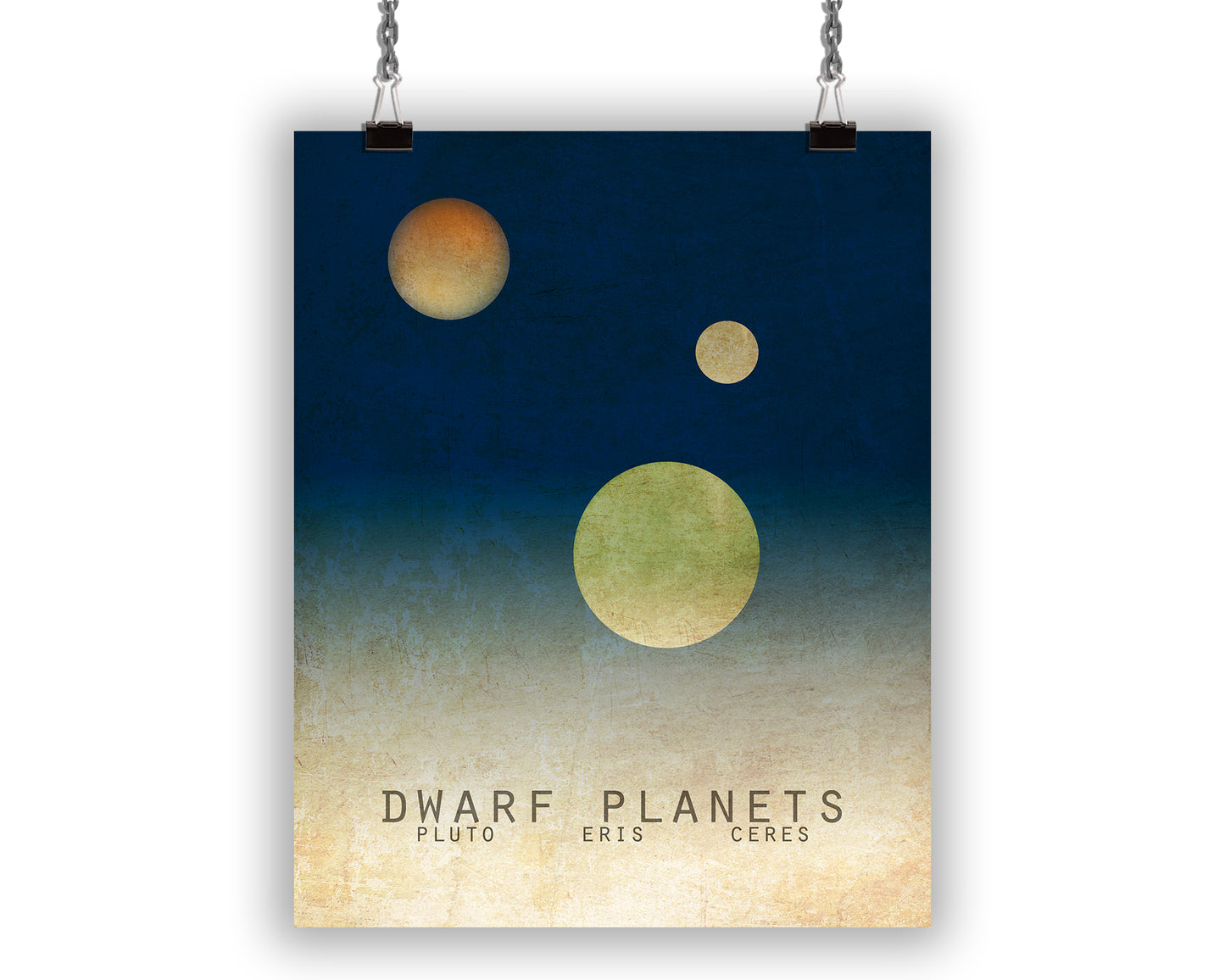 Dwarf Planets art print with minimalist images of Pluto, Eris, and Ceres
