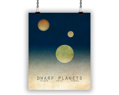 Dwarf Planets art print with minimalist images of Pluto, Eris, and Ceres