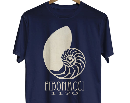 Fibonacci sequence math t-shirt showing geometry in nature with a nautilus shell