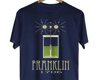 Benjamin Franklin scientist t-shirt with an illustration of an electricity experiment for inventor or science teacher