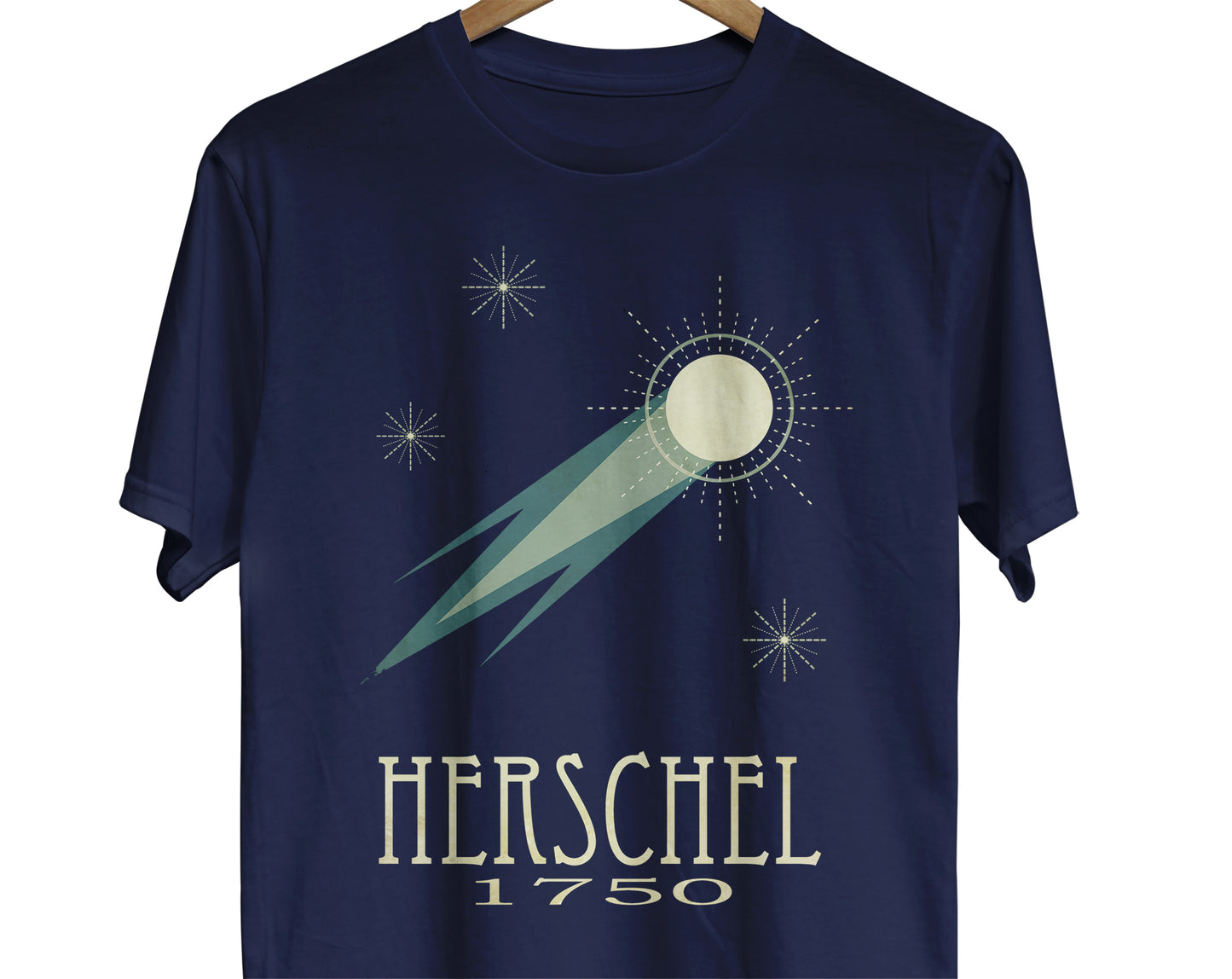 Caroline Herschel astronomer t-shirt with illustration of comet and stars