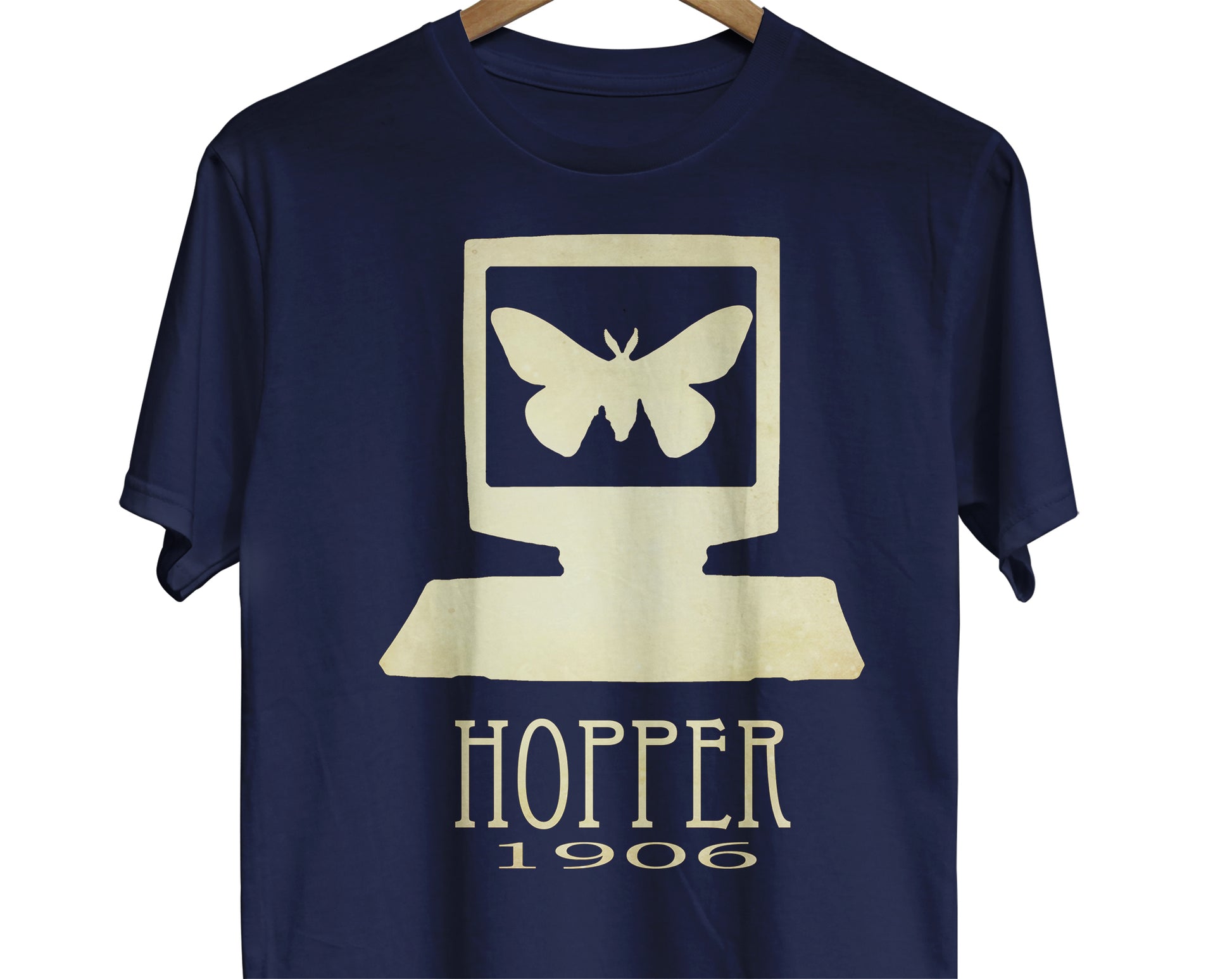 Grace Hopper computer science t-shirt with moth and computer screen image to represent debugging