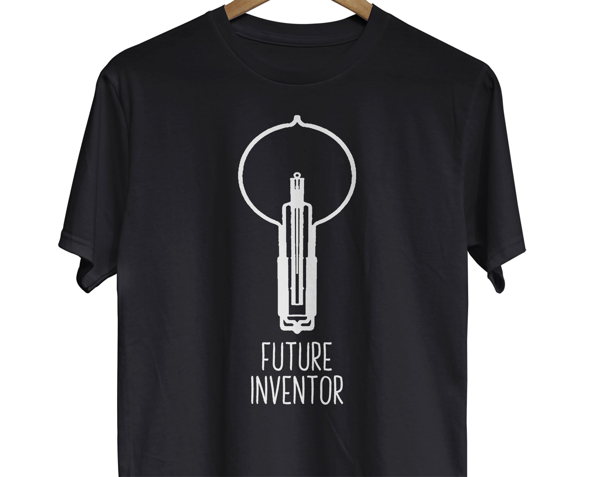 An inspirational t-shirt featuring a lightbulb image and the text "Future Inventor"