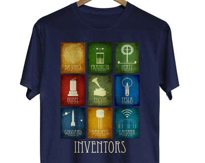 Inventor t-shirt with graphics reprsenting 9 different scientists and inventors in history. Da Vinci, Franklin, Hertz, Nobel, Edison, Tesla, Goddard, Bardeen, Lamarr.