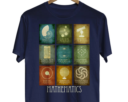 Math t-shirt with graphics for 9 different mathematicians in history