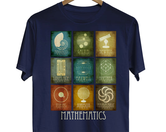 Math t-shirt with graphics for 9 different mathematicians in history