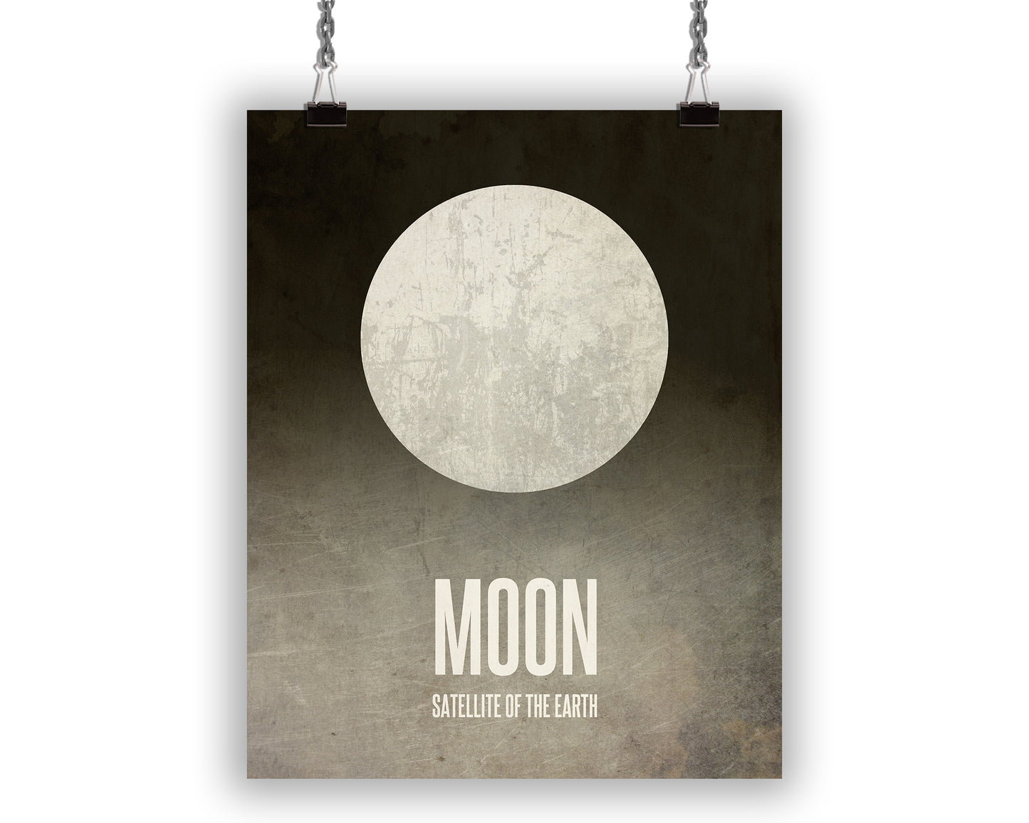 Art print with minimalist image of the moon with a textured vintage look.