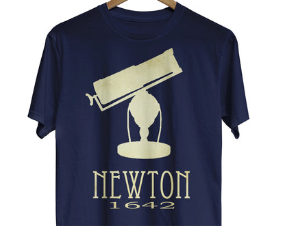 Isaac Newton astronomy t-shirt with reflecting telescope design