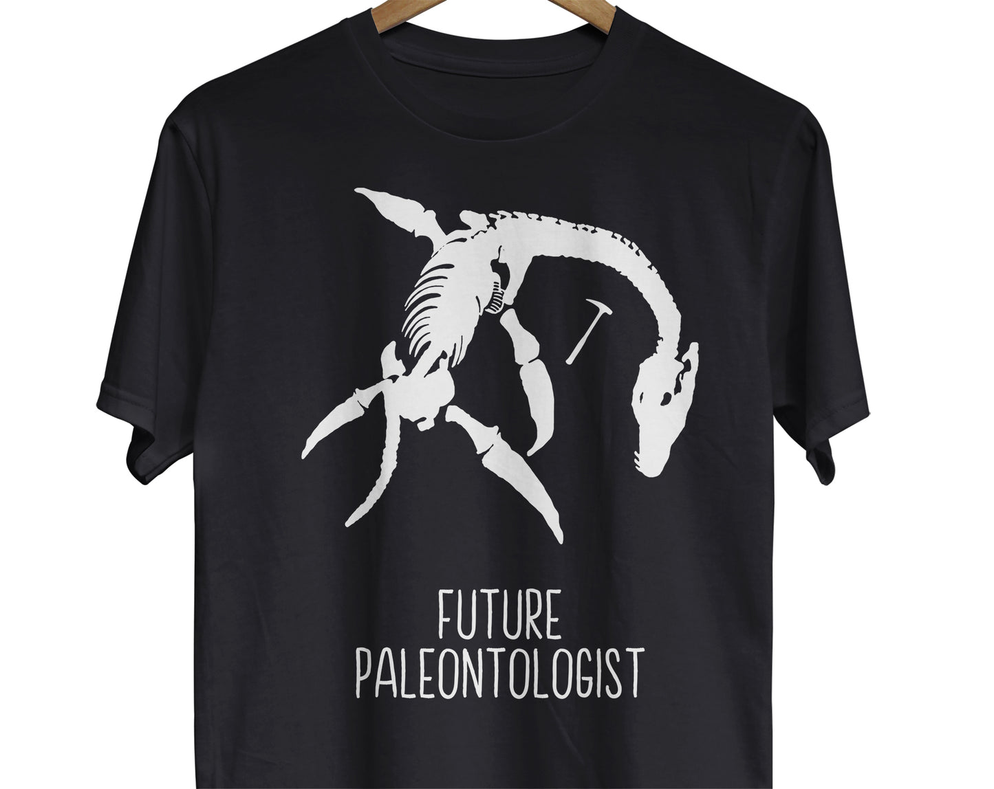 A science t-shirt for fossil lovers featuring a plesiosaur dinosaur skeleton and the text "Future Paleontologist"
