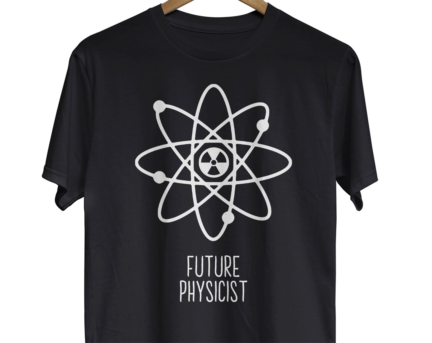 A science t-shirt featuring an atom image with a radiation symbol in the center and the text "Future Physicist"