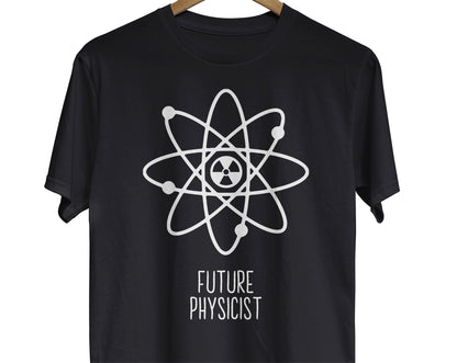 A science t-shirt featuring an atom image with a radiation symbol in the center and the text "Future Physicist"