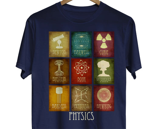Physcs t-shirt with 9 minimalist graphics celebrating different physicists in history