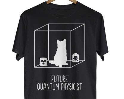 A science t-shirt featuring a captivating design of "Schrödinger's cat," which represents the principle of superposition in quantum mechanics, and the text "Future Quantum Physicist"