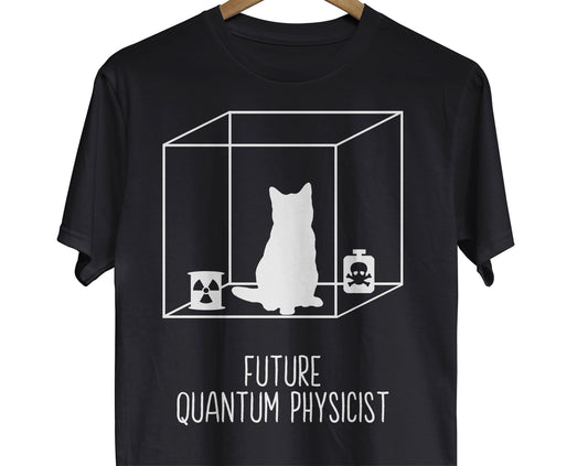 A science t-shirt featuring a captivating design of "Schrödinger's cat," which represents the principle of superposition in quantum mechanics, and the text "Future Quantum Physicist"