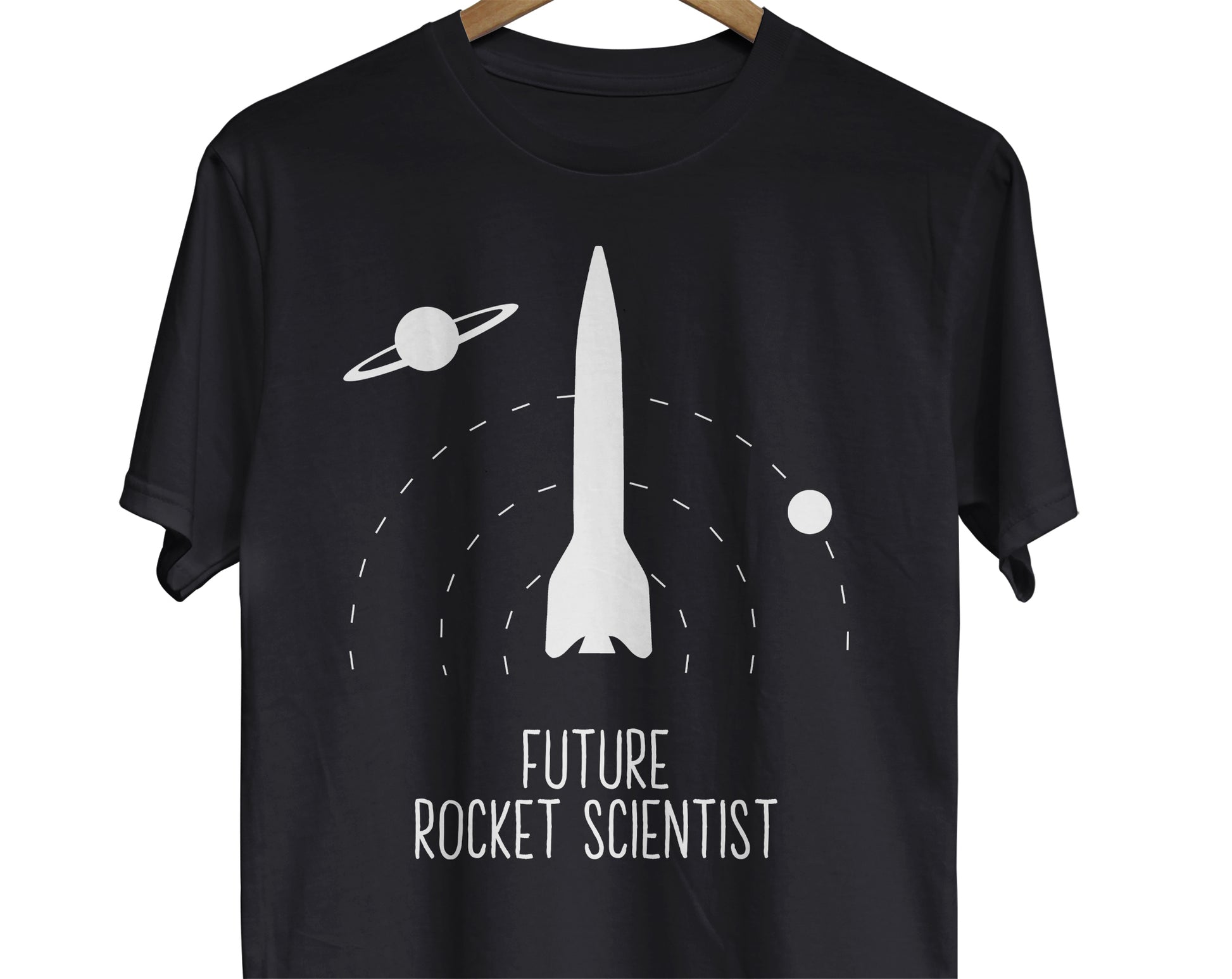 A science and engineering t-shirt featuring an image of a rocket shooting up into the sky and the text "Future Rocket Scientist".