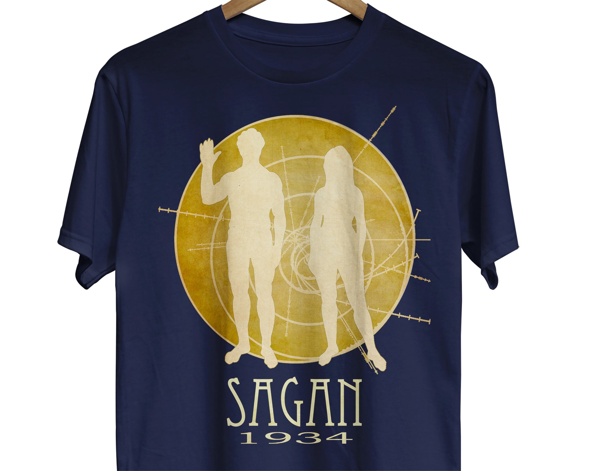 Carl Sagan astronomy t-shirt with a design representing the golden plaques on the Pioneer 10 and 11 journeys 