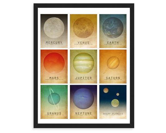 A colorful mosaic art print of planets in the solar system. There are 9 rectangular designs: Mercury, Venus, Earth, Mars, Jupiter, Saturn, Uranus, Neptune, Dwarf Planets (Pluto, Eris, Ceres)