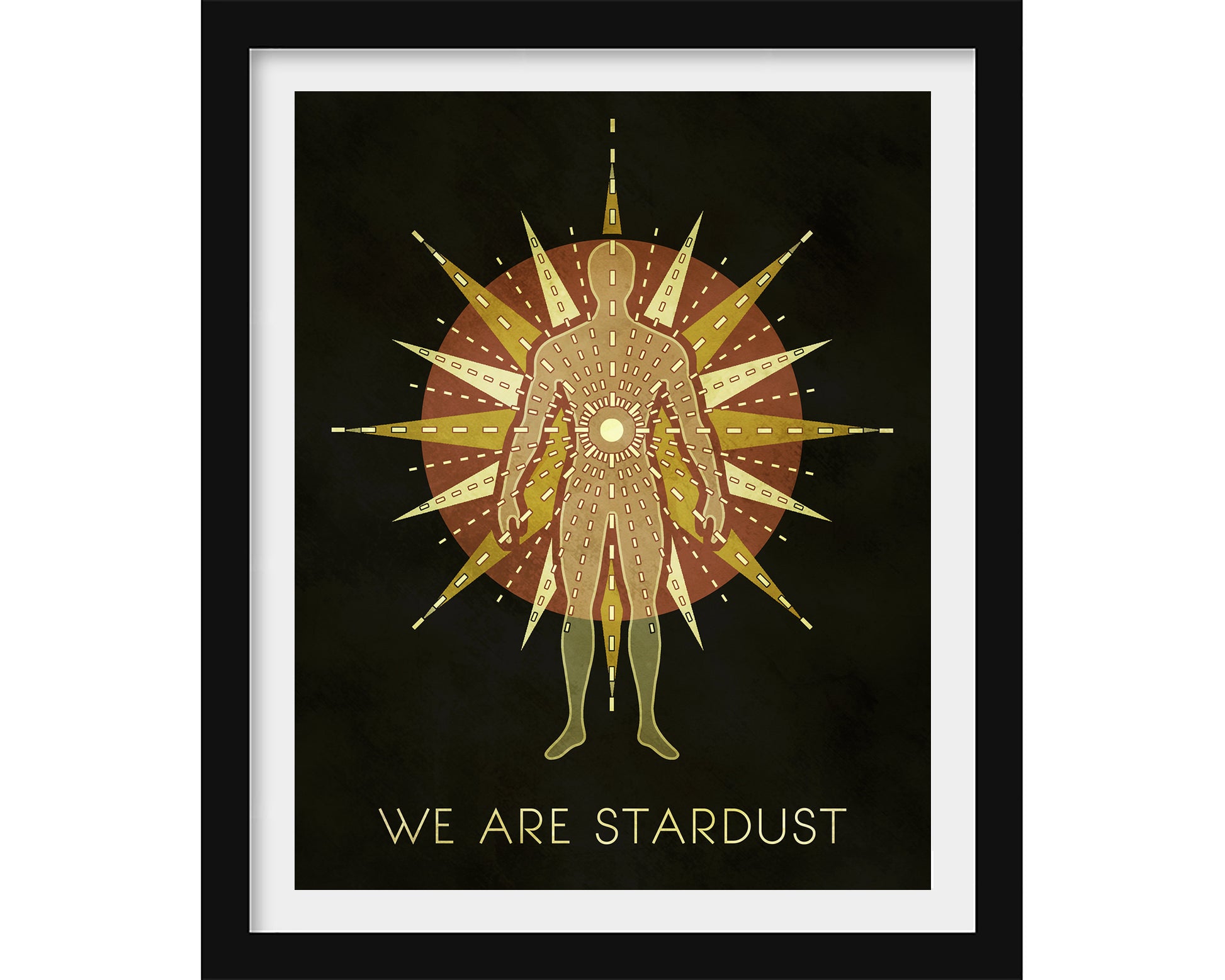 Artwork with a minimalist illustration of a human figure surrounded by starburst patterns and 'WE ARE STARDUST' text on a black background.