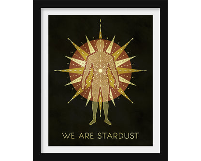 Artwork with a minimalist illustration of a human figure surrounded by starburst patterns and 'WE ARE STARDUST' text on a black background.