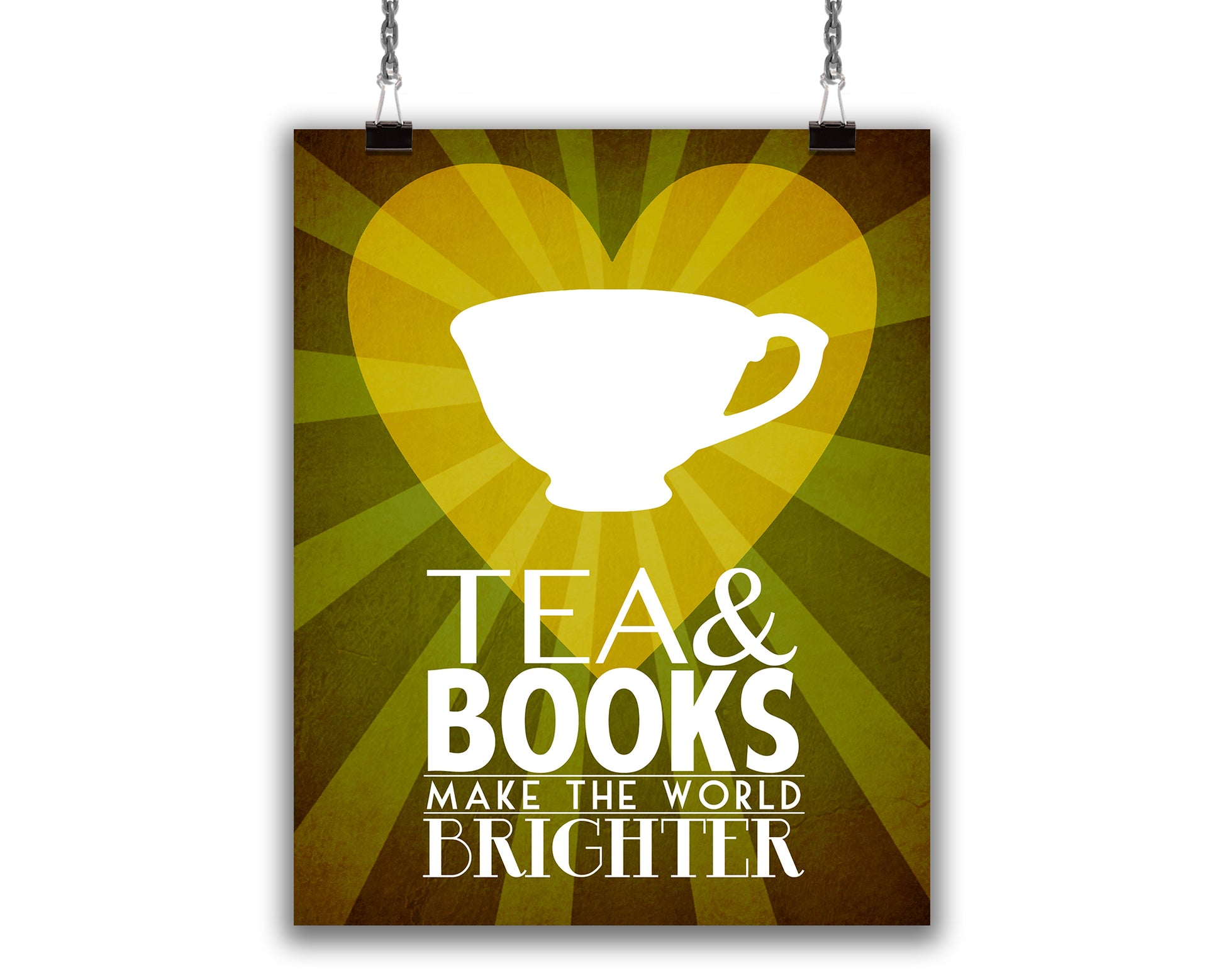 Art Print for bookworms and librarians with tea cup illustration and text reading "Tea & Books Make The World Bright"