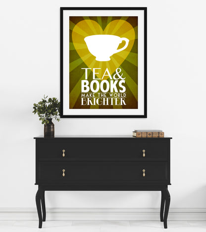 Books and Tea Lovers Art Print, Library and Kitchen Decor