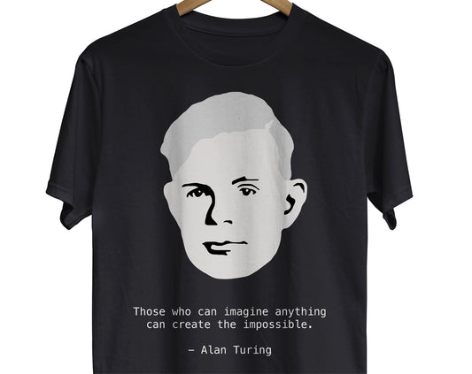 This t-shirt features a minimalist portrait of scientist Alan Turing, along with his inspiring quote, "Those who can imagine anything can create the impossible."