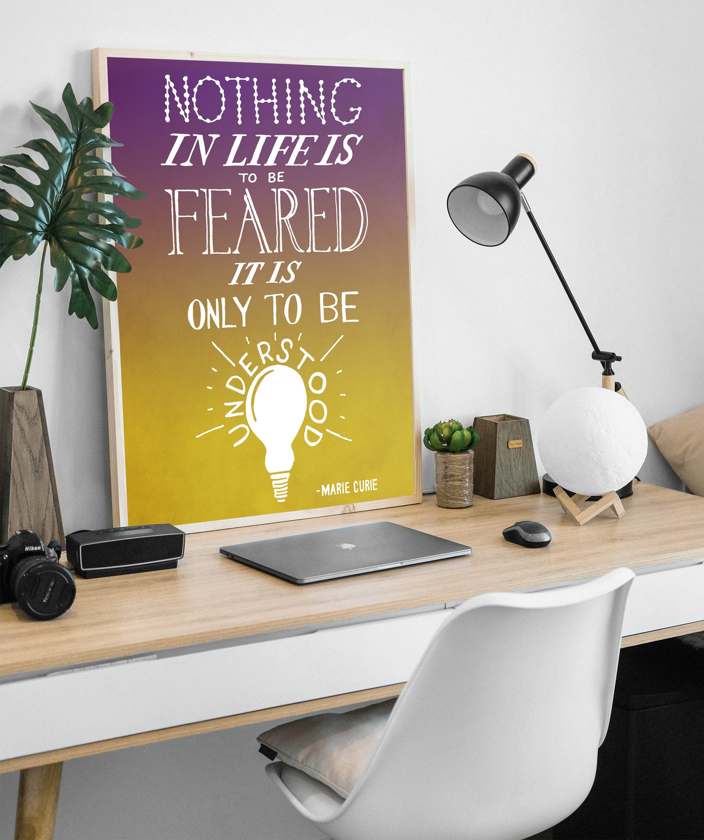 Marie Cure Hand Lettered Quote, Motivational Art Print, Nothing in Life is to be Feared