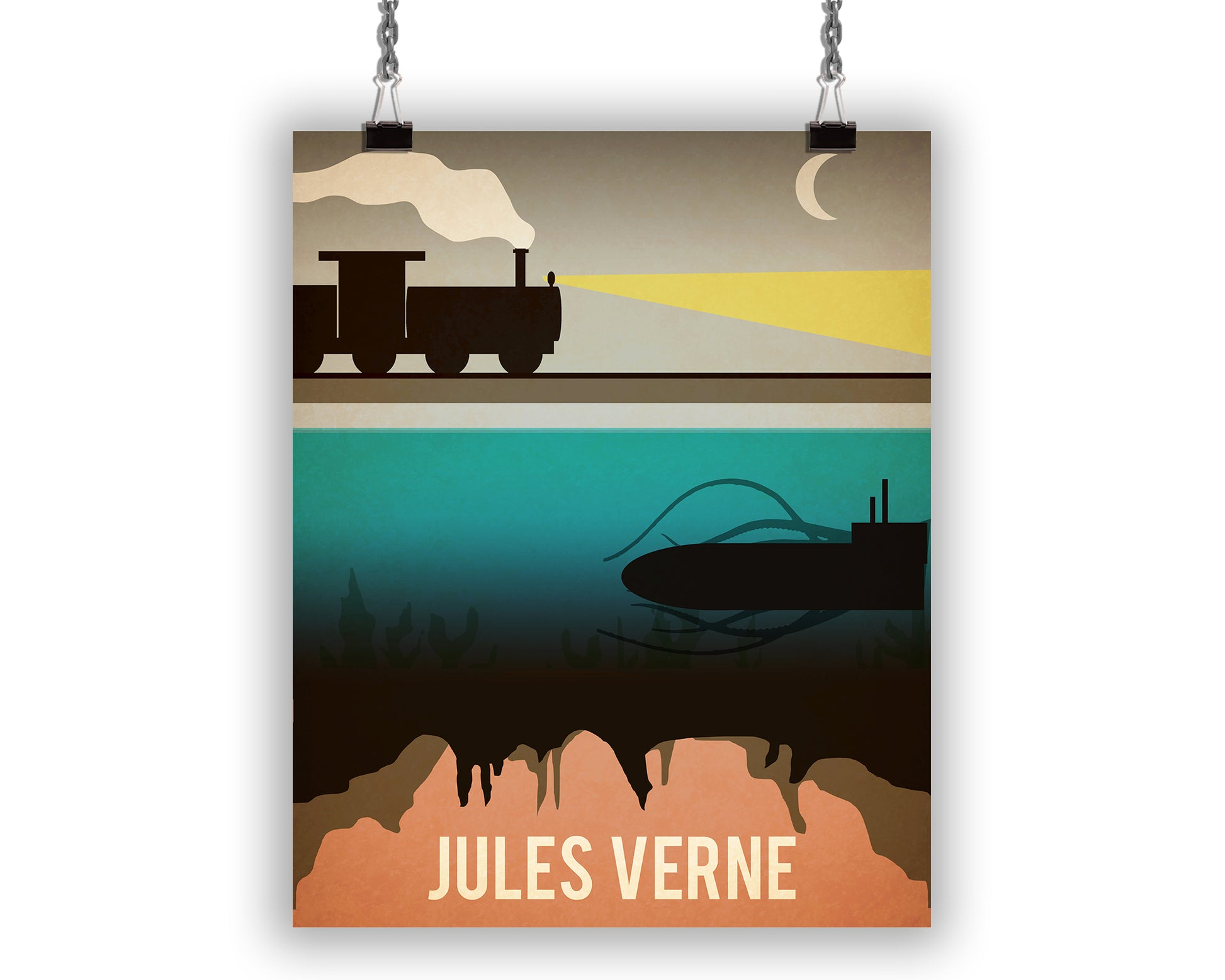 A Jules Verne art print for book lovers with images inspired by "Journey to the Center of the Earth," "20,000 Leagues Under the Sea," "Around the World in 80 Days," and "From the Earth to The Moon,"