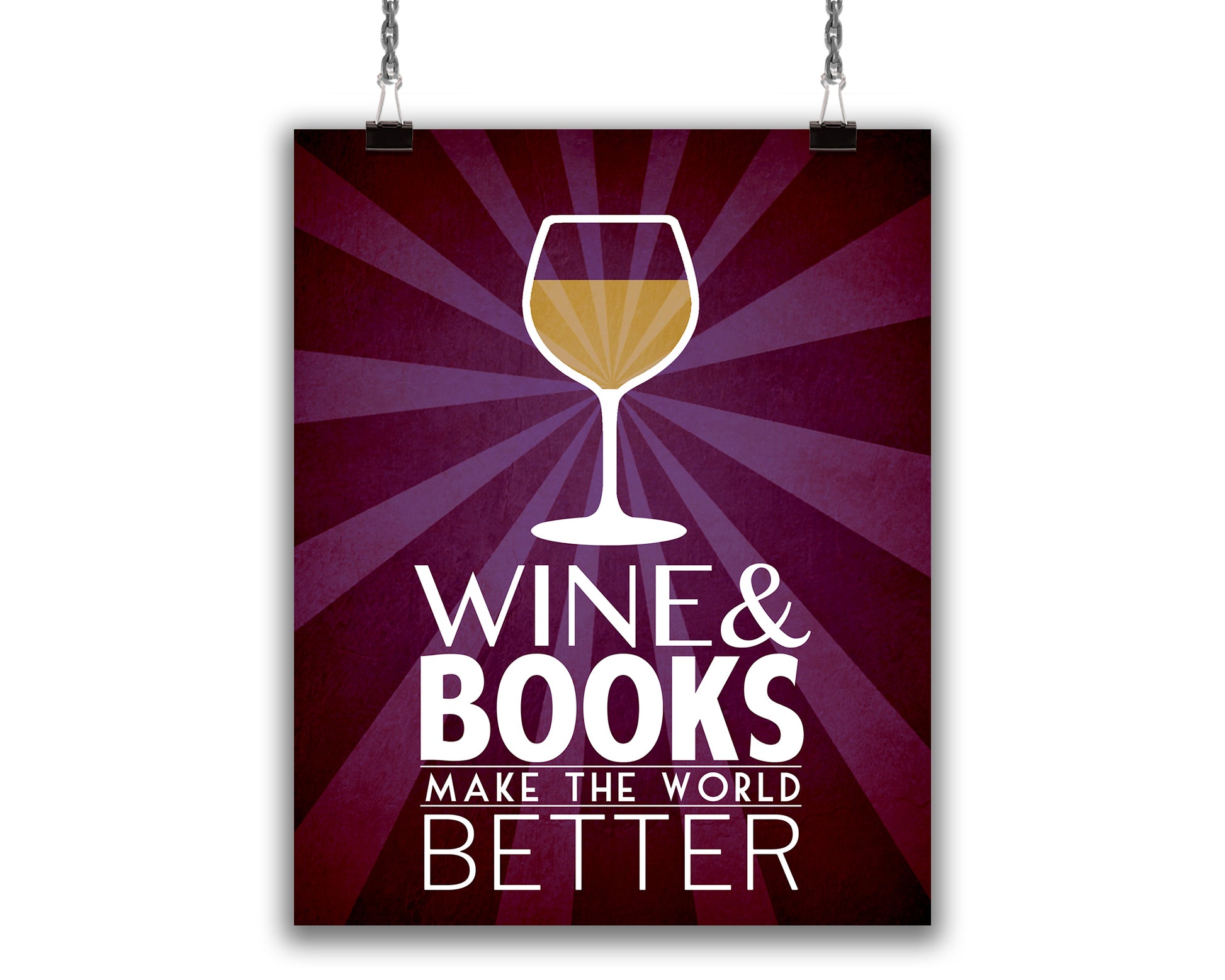 Charming Kitchen or Library Art Print for Bookworms and Wine Lovers, Text reads "Wine and Books Make The World Better"