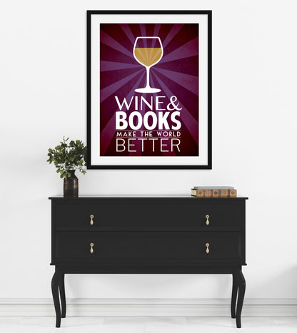 Wine And Books, Charming Kitchen or Library Art Print for Bibliophiles and Wine Lovers